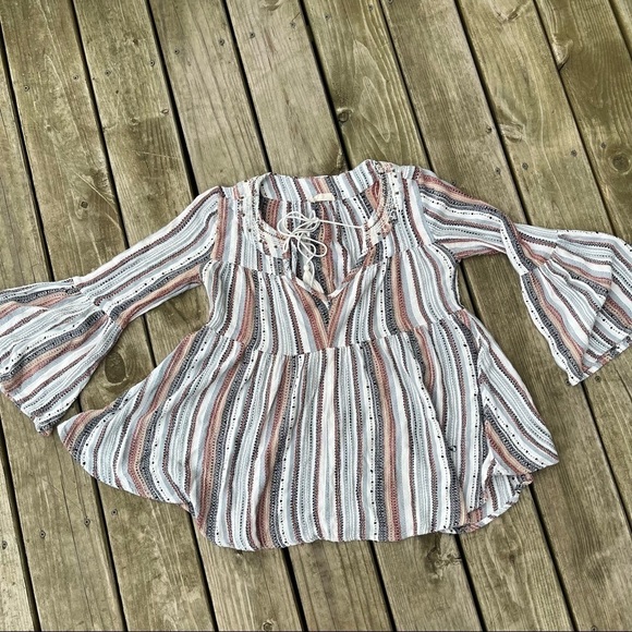 ALTAR'D STATE Striped Babydoll Blouse Tie Neck Woven Small - Picture 1 of 9